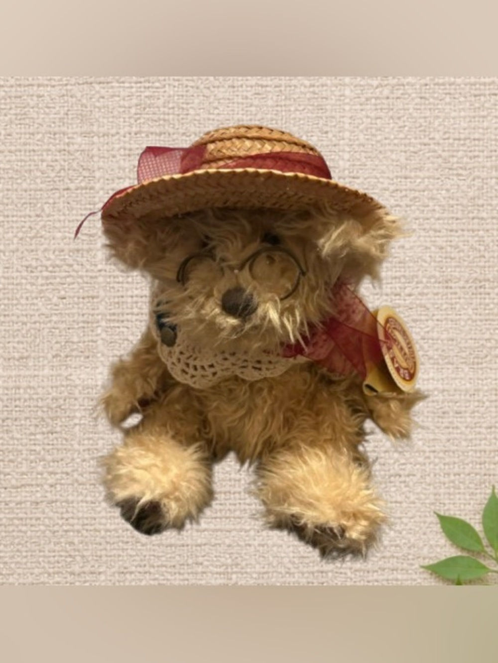 Vintage Crochet Teddy Bear with Straw Hat – Collector’s Display Piece